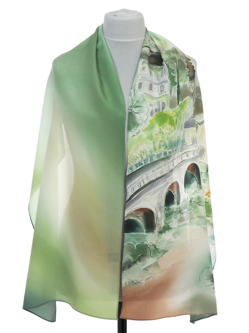 SZ-737 Szal jedwabny ręcznie malowany, Milanowskie Pejzaże, 165x45 cm